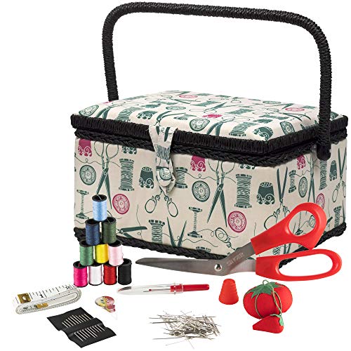 SINGER Large Sewing Basket Kit, Vintage Spools, Notions Pack, 127 Count - color: Tan