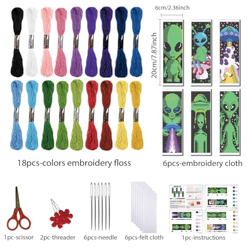 FREEBLOSS 6 Set Cross Stitch Bookmark Kits Alien Pattern Stamped Cross Stitch Kit 11CT Embroidery Kit with Instructions for Beginners 20x6cm/8x2.4inch - style: Alien