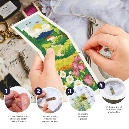 INFUNLY 6 Set Spring Scenery DIY Cross Stitch Bookmark Kits for Adults Wildflowers Counted Cross Stitch Kit with Instructions Landscape Stamped Embroidery Bookmark Kit for Book Lovers Readers Gift - style: Spring Scenery