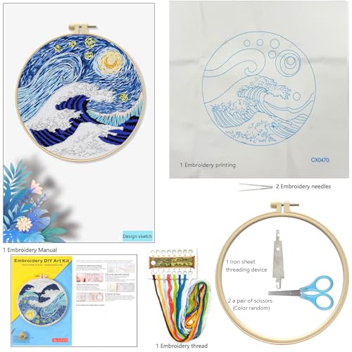 Zhenqing Ocean Wave Embroidery Kit for Beginners, Starry Sky Needlework Kit with Pre-Printed Fabric, Hoop, Threads & Tools, Celestial Wall Decor (S-CX0470) - color: Wave & Starry Sky