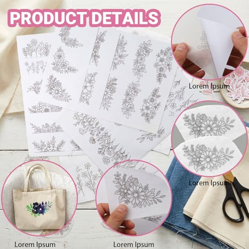 3 Sheets Water Soluble Embroidery Stabilizer, Water Soluble Stabilizer Stick and Stitch Embroidery-Paper Designs Transfer Paper with Pre-Printed Flower and Leaf for Hand Sewing for Embroidery Patterns