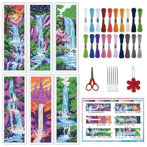 INFUNLY 6 Set Waterfall Cross Stitch Bookmark Kit Landscape DIY Embroidery Bookmarks for Readers 22x8cm/8.67x3.14 Handmade Cross Stitch Bookmarks with Thread Kit Gifts for Book Lovers Adults - style: Waterfall Landscape