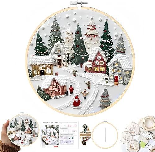 Christmas Embroidery Kit DIY Hand Embroidery Starter Cross Stitch Kits, Christmas Ornaments Embroidery with Stamped Pattern,Cotton,Threads,Needles,Instructions for Adults Beginners (Holiday Village) - color: Holiday Village