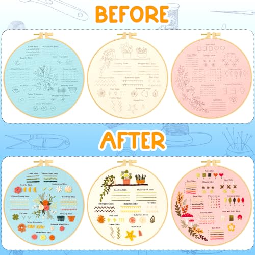 Ponpon 3 Sets Embroidery Kit for Beginners, Embroidery Kit for Adults with Follow Instruction, Cross Stitch Kits with Wooden Embroidery Hoops (Stlye B) - style: Stlye B