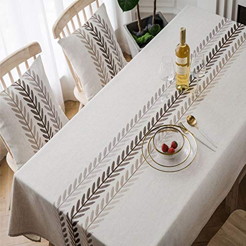 AMZALI Water Proof Table Cloth Elegant Embroidery Leaf Pattern Wrinkle Free Heavy Weight Cotton Linen Tablecloth Decorative Fabric Table Cover for Outdoor and Indoor (Rectangle,53 x 70 Inch) - size: 70" x 53" (Oblong)