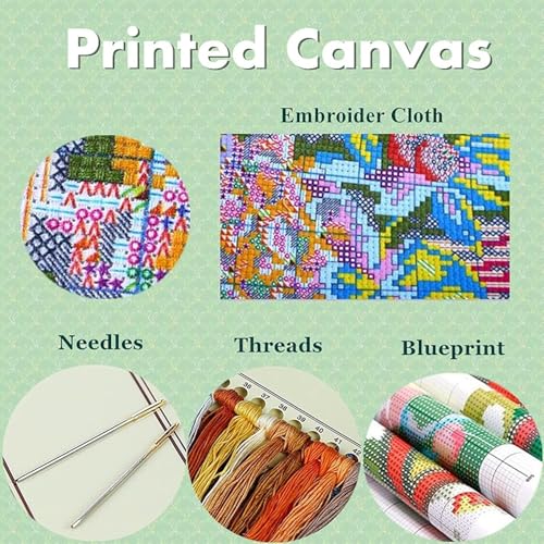 14 CT Cross Stitch Kits for Beginners Bunny & Easter Eggs Printed Stamped Cross-Stitch Supplies Needlework Printed Embroidery Kits DIY Kits Needlepoint Starter Kits 27×26cm