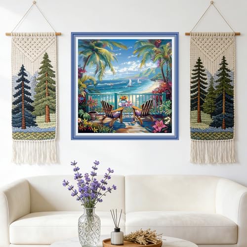 Redxing Stamped Cross Stitch Kits Full Range of Embroidery Starter Kits- Needlepoint Counted Cross Stitch Kits for Beginner Adults 11CT Printed Embroidery Kit-Drinking Tea by the Seaside 18x18 inch - color: DIYArtsKit17