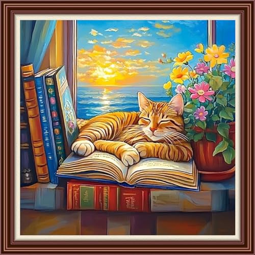 Dimensean Counted Cross Stitch Kit for Beginners, 11CT Unprinted Cross-Stitch Kit Easy Patterns Needlepoint Kit Cross Stitching Embroidery Kit Supplies-Window Side cat Sunrise 18x18 inch - color: Patterns08