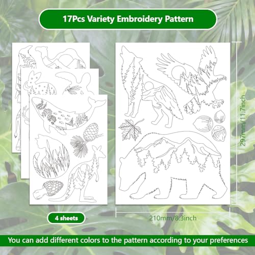 ORIGACH 4 Sheets 17 Pcs Water Soluble Embroidery Patterns Stabilizers - Pre-Printed Animal & Forest Plant Silhouettes Designs - Stick & Stitch Embroidery Paper for Hand Sewing Lovers - color: Animal & Forest Plant Silhouettes