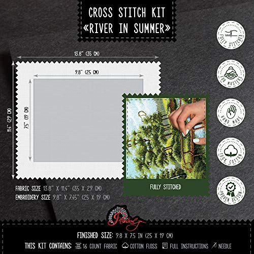 Povitrulya Counted Cross Stitch Kit 'River in Summer', 9.84"x7.48", 16 Count Aida, DIY Embroidery Kit for Adults with Landscape Pattern - color: River in Summer