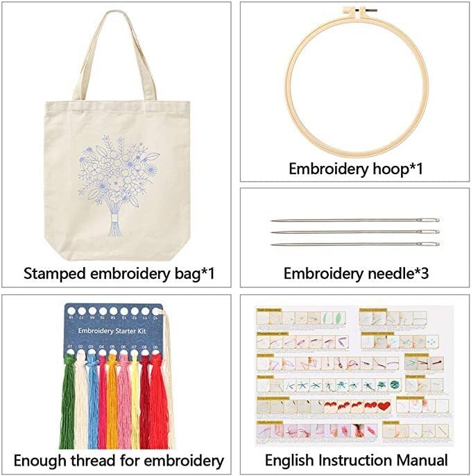DIY Stamped Embroidery Tote Bag Kits Pansy Flower with Pattern Hoops Threads Needlework Art Reusable Shopping Storage Handbag Cross Stitch Kits Home Organizer for Woman