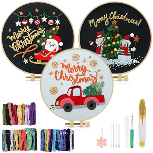 TINDTOP Christmas Embroidery Kit for Adult Beginners, 3 Sets Embroidery Stitch Practice kit Include Embroidery Cloth Hoops Threads for Craft Lover Hand Stitch - color: Christmas