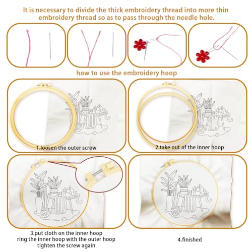 BEUNITONE Kitten Embroidery Kit for Beginenrs Hand Sewing Embroidery Kits with Cat Pattern DIY Embroidery Kit with Kitten Colourful Threads Needles Instructions - style: A-Cat-04