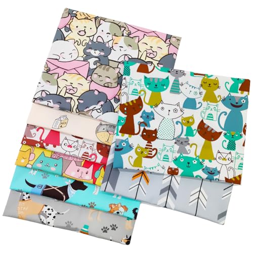 8 pcs/lot Fat Quarter Fabric Bundles 100% Cotton 19.69'' x 19.69'' (50 x 50cm) Cotton Fabric Pre-Cut Squares Sheets for Patchwork Sewing Quilting Crafting, Dog Cat Pattern. - color: M-2