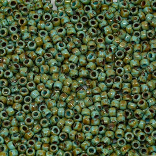 10g TOHO Round Seed Beads 8/0 Rocailles, Opaque Turquoise Travertin Picasso Hybrid #55-T (Similar to Y307), Glass, Japan - color: Hybrid Turqquoise Picasso - 8/0