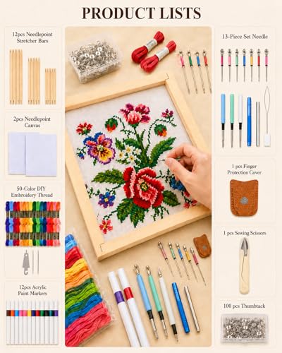 HAPPYER Needlepoint Stretcher Bars Kit, 12PCS Wooden Canvas Stretcher Bars Frame Set with Embroidery Kit, Cross Stitch Supplies, Fabric, Threads, Punch Needle Tools & Accessories for Needlework Craft - color: Light Wood Color
