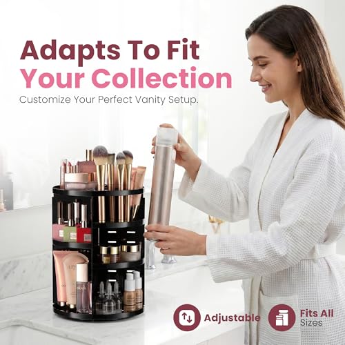 Masirs 360 Rotating Makeup Organizer Countertop, Adjustable Shelf, Black - color: Black