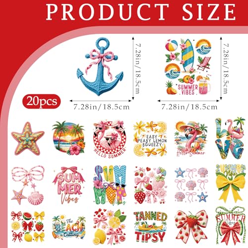 Dazoratix Summer Iron on Transfers - 20 Sheets Cute Beach Vibes Fruit DTF Ready to Press Bulk Heat Patches Bow Stickers Vinyl Decals for T Shirts Clothing Pillow Bag DIY Crafts Appliques Decorations - style: Cute Summer