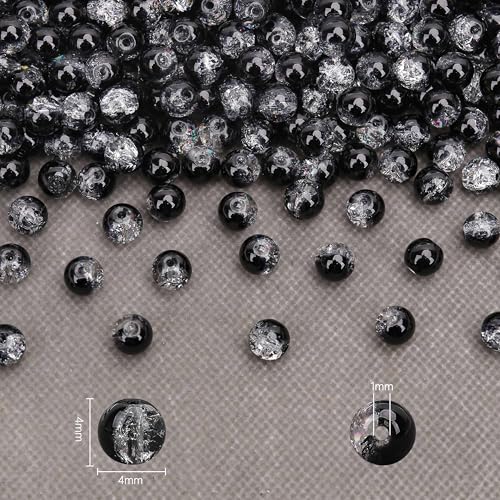 400PCs 4mm Black Crackle Glass Beads Bulk, Round Smooth Hole Glass Crystal Beads for Jewelry Making, DIY Bracelets, Necklaces, Bag Charms, Keychains and Craft Projects - color: Black Crackle, size: 4MM