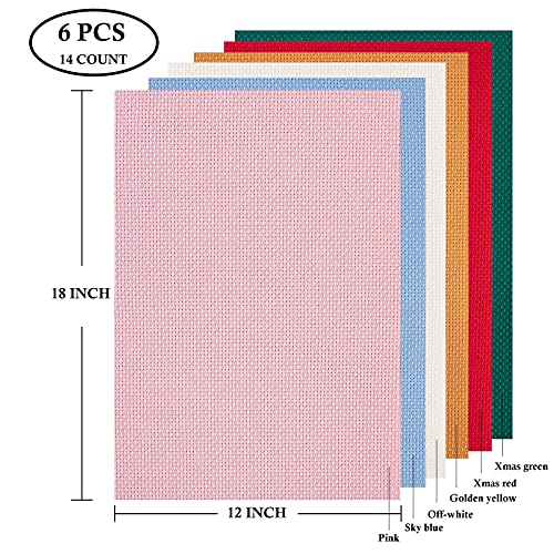 6 Pieces Aida Cloth 14 Count, Cross Stitch Fabric 6 Colors, 12 inch by 18 inch