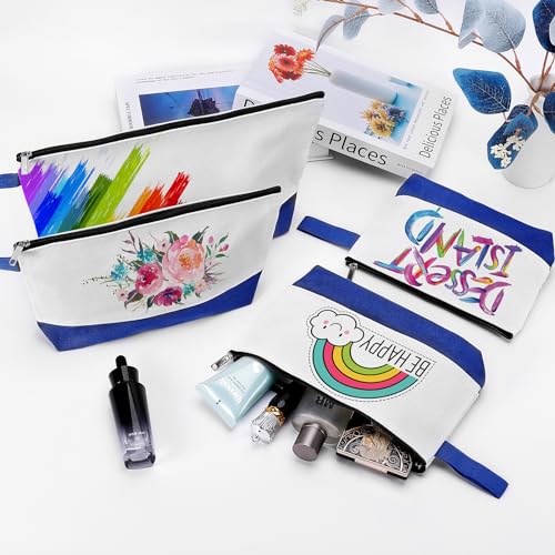 10 Pieces Cotton Canvas Makeup Bag with Bottom and Strap, Multi-Purpose Cosmetic Bag with Zipper Travel Toiletry Pouch, Blank DIY Craft Bag (White&Blue, XS) - color: White&Blue, size: XS