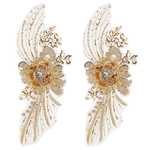 NBEADS 2 Pcs 3D Flower Lace Embroidery, Floral Embroidered Lace Patches with Sequin Nail Bead Tulle Applique Sew on Patches for Clothing Wedding Dress Lace Fabric DIY Decoration, Gold - color: Gold Flowers with Sequin-2 Pcs