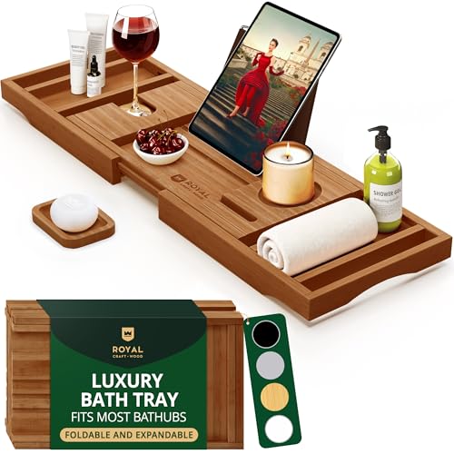 Trending Now Wood Bath Tray – Bathtub Tray for Tub, Expandable Bamboo Bath Tray & Bathtub Caddy with Book Holder, Wine Glass Holder, Phone & Tablet Stand, Spa Bath Accessories, Birthday Gifts for Mom - color: Brown