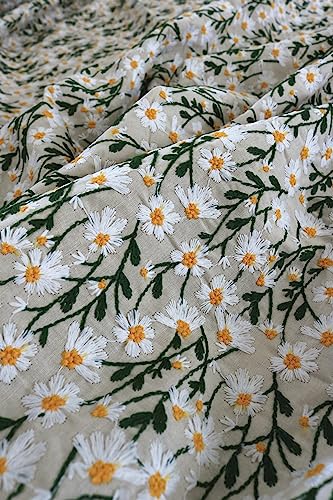 Primst 3D Daisy Embroidery Cotton Linen Fabric by The Yard for Sewing DIY Clothes Dress Tablecloth Bag Cushion (Beige,47.2" x 39.4") - size: 47.2" x 39.4"