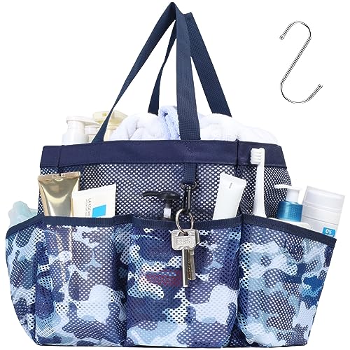 Mesh Shower Caddy Portable - 8 Pockets, S-Hook, Shower Bag for Dorm Camping - color: Dark Blue Camouflage, size: L (Classic Dorm Caddy)