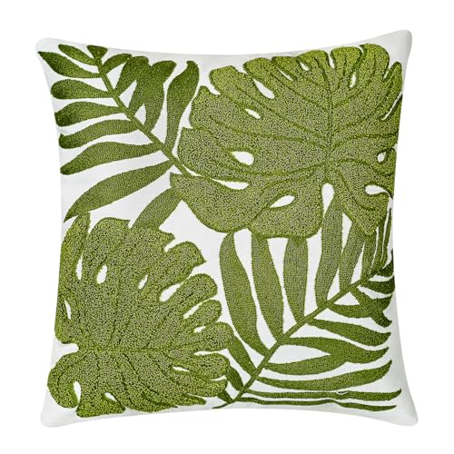 Green Monstera Leaf Tropical Leaves Embroidered Throw Pillow Cover, Floral Decor Plant Cushion Covers for Farmhouse Couch Living Room Sofa Bedroom Chair Office Shop 18 x 18 Inches - color: Green
