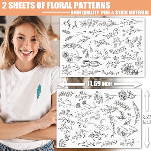 Patemby Embroidery Pattern Water Soluble Embroidery Stabilizers, Stick and Stitch Embroidery Paper Wash Away with Pre-Printed Pattern Designs Stencils Transfers for Hand Sewing Lover Beginner - color: Leaves