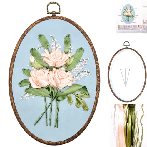FONNUY Ribbon Embroidery 3D Flowers Pattern Design Kit Embroidery DIY Handwork Set Oval Home Decoration (Champagne Rose) - style: Champagne Rose