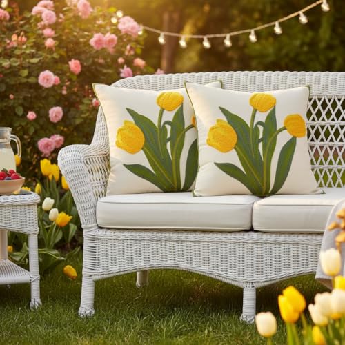 Embroidered Throw Pillow Covers 16x16 Pack of 2 Yellow Tulip - color: Yellow Tulip, size: 16" x 16" (Pack of 2)