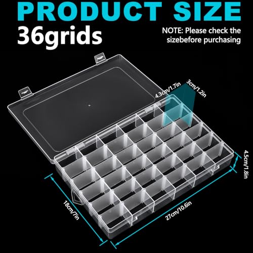 2 Pack Clear Plastic Organizer Box with 36 Grids and Adjustable Dividers for Beads, Crafts, Art DIY, Jewelry, Screws, Pins, Thread, Fishing Gear, Small Items