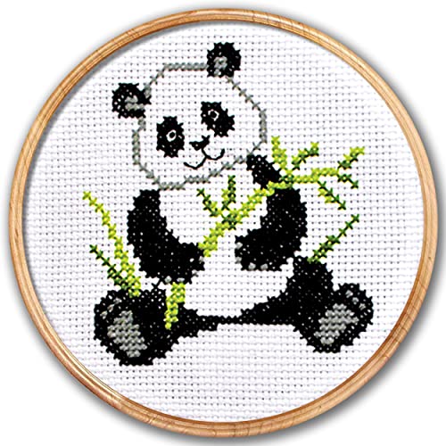 Povitrulya Counted Cross Stitch Kit with Pattern 'Panda' - Easy DIY Set for Hand Embroydery with Paper Pattern, 14 Count Blank Aida Canvas and Pre-Sorted Floss