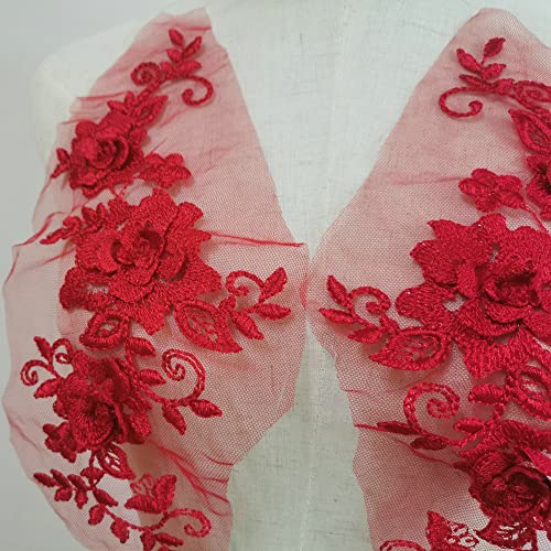 1 Pair 29 * 13cm Red/Pink/Purple/Sky Blue Wedding Dress Lace Shirt Accessories Embroidery Lace Garment Design DIY Accessories (Red) - color: Red