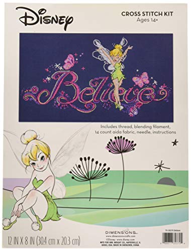 Dimensions Disney's Tinker Bell 'Believe' Counted Cross Stitch Kit for Beginners, 14 Count Navy Aida Cloth, 12'' x 8'' - color: Tinker Bell