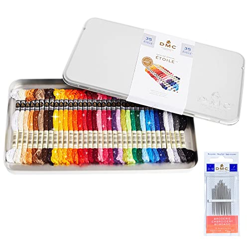 DMC Embroidery Floss, Mouline Etoile Tin Bundle with Hand Needles Size 3/9.