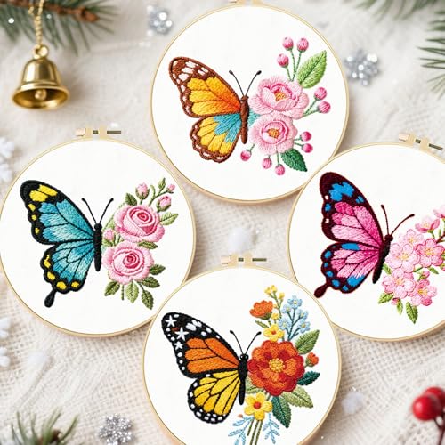 FREEBLOSS 4 Sets Embroidery Kit for Beginners Needlepoint Flower Butterfly Stamped Embroidery Starter Kit with Instructions, Needles, Threads, 2 Hoops 11.6"/29.5CM - style: Butterfly Flower