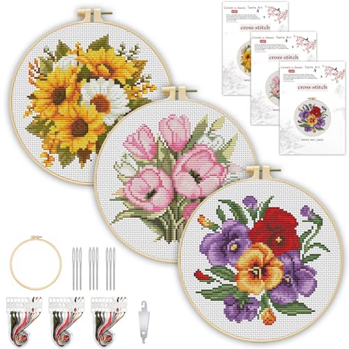 TCDZMYGS 3 Pack Flower Cross Stitch Kits for Beginners,with Hoop 8x8in - color: MY013-MY014-MY015