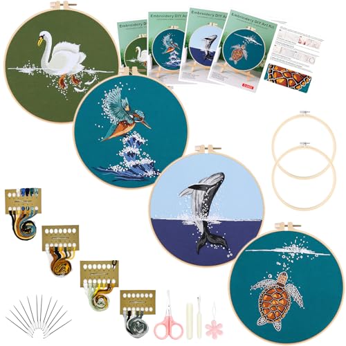 Picoey Embroidery Kit for Beginners with Animal Pattern and Instructions,4 Pack Cross Stitch Kits,2 Wooden Embroidery Hoops,Threads and Needles,Needlepoint Kit - color: Sea animal