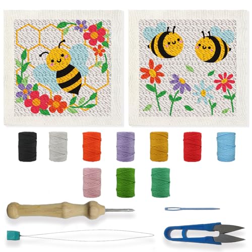 BEUNITONE 2 Sets DIY Punch Needle Kits for Beginners,Bee Pre-Printed Pattern,Embroidery Punch Needle Starter Kits for Adults,Includes Pre-Printed Cloth,Yarns,Hoops,Threader and Instructions - color: 10-Bee