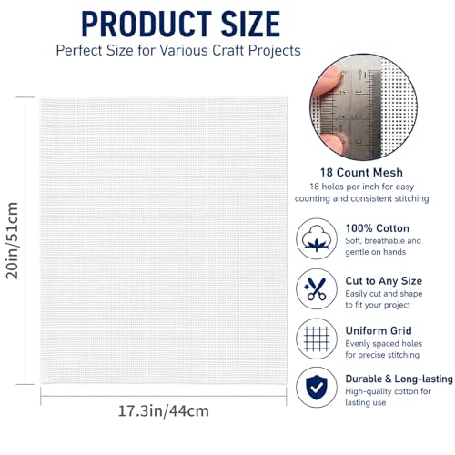 LUFEEMGA Needlepoint Blank Canvas 18 Mesh Beige Needlepoint Canvas Embroidery Blank White Cloth Cotton,100% Cotton Fabric 20'‘x17'' Durable&Beginner Friendly Cross Stitch Canvas