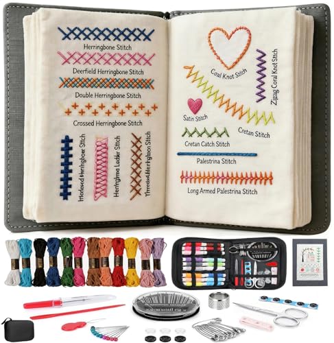 ZFBDMC Embroidery Stitch Book, 2026 Upgraded Portable DIY Embroidery Kit for Beginners with Linen, 99-Piece Complete Needle & Thread Set, Step-by-Step Video Instructions, Craft Gift for Adults