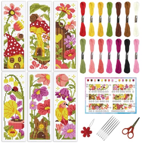 INFUNLY 6pcs Flowers Cross Stitch Bookmark Kits for Adults Mushroom Houses DIY Cross Stitch Kit with Instructions Pre-Printed Birds Tree Stake Stamped Embroidery Bookmark Kit for Book Readers Gift - style: Flower Mushrooms