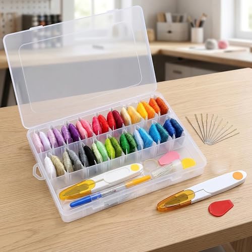 Huacan 36 Colors Embroidery Thread Kit Full Starter Tools with Storage Box - color: 36 Color（53 Pcs）