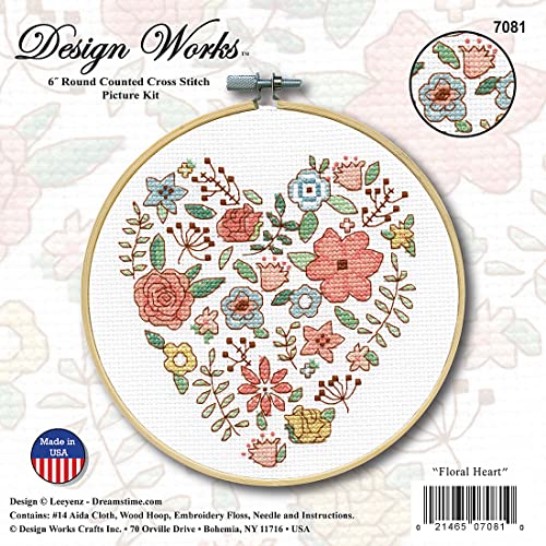 Floral Heart Counted Cross Stitch Kit with Hoop