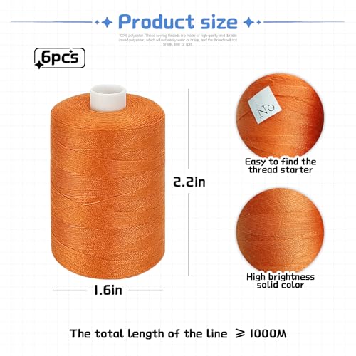 Orange Thread for Sewing, 6 Spools of 1000 Yards Polyester Quilting Thread - color: Orange+GoldenYellow