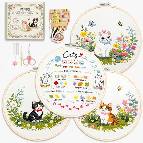 Peonfly Cat Embroidery Kit for Beginners, 4 Pack Stamped Embroidery Starter Kit with 4 Hoops, 9 Stitch Types Practice Sampler, Animal Floral Wall Hanging Decor, Mothers Day Birthday Gift (Box 4pcs) - style: Box 4pcs