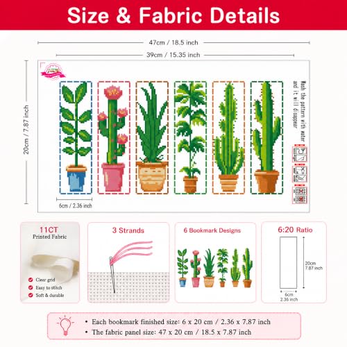 Zhenqing Cactus Stamped Cross Stitch Bookmark Kit, 6 Botanical Plant Designs on 11CT Fabric for Beginners, Book Lover Gift - color: Cactus Botanical Bookmark